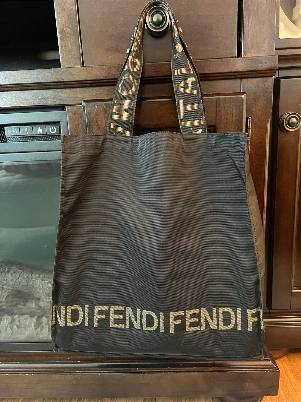 Authentic Fendi Black Canvas Tote with Gold Logo Trim